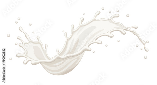 Detailed vector illustration featuring a dynamic milk splash with droplets and flowing liquid against a clean white background, rendered in a realistic style and conveying freshness