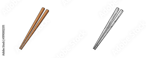 Pair of wooden chopsticks in cartoon and linear styles with brown wood texture used for eating asian cuisine and sushi rolls isolated on white background