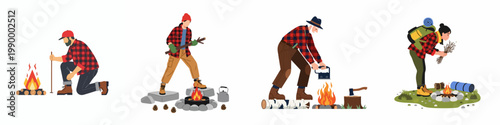 Set of flat vector illustrations featuring people in red plaid shirts tending to campfires, gathering wood, and cooking while camping outdoors.