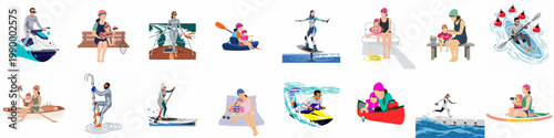 Diverse set of flat vector illustrations depicting people participating in various summer water sports, boating, and family recreational activities on the water.