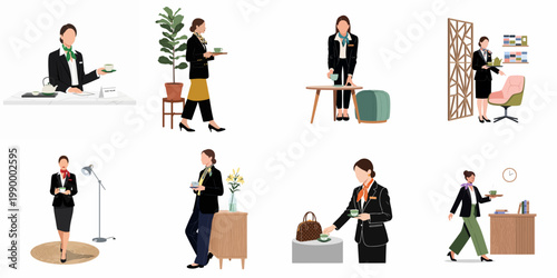 Collection of professional women in hospitality uniforms serving tea and coffee in various elegant interior settings, minimalist flat illustration style.