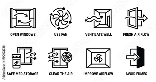 Open windows use fan ventilate well fresh air flow safe med storage clear air improve airflow avoid fumes icons.