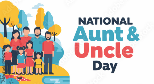 Photos Happy family with aunt and uncle in colorful flat illustration for greeting card