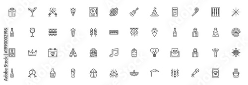 Party icon set. Vector illustration pack with gift, cocktail, spotlight, confetti, music, grill, decorations and more. Editable line icons for celebrations and events.