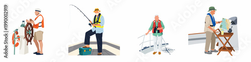 Vector illustrations of a senior man enjoying nautical activities like steering a boat, fishing, using binoculars, and reading a map.