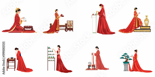 Set of eight vector illustrations featuring women in elegant red traditional Chinese gowns performing various tea ceremony rituals and cultural activities.