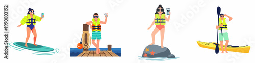 Set of diverse characters enjoying summer water activities like paddleboarding and kayaking while taking selfies with their smartphones.