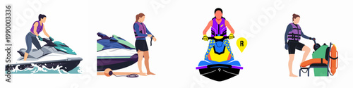 Collection of flat vector illustrations featuring women jet skiing, wearing life vests, and renting watercraft for summer recreational water sports activities.
