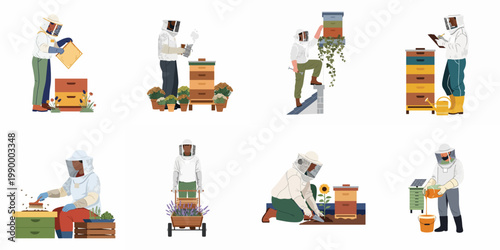 Set of diverse beekeepers in protective gear performing various apiary tasks, including harvesting honey, checking hives, and maintaining the garden, isolated on white.