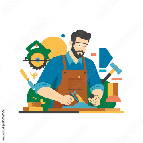 Vector illustration of a professional carpenter working at a workbench with woodworking tools, circular saw, and hand plane in a modern flat style.