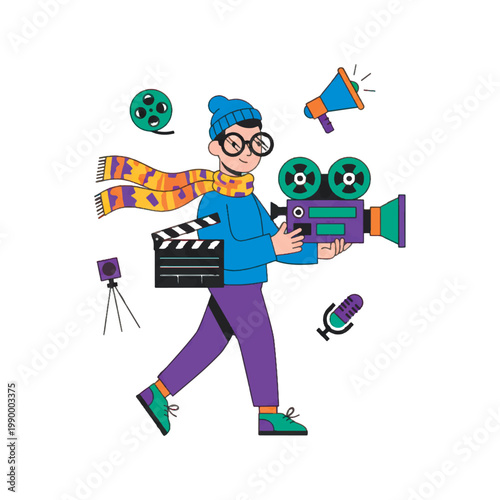 Vector illustration of a cartoon filmmaker character, walking and carrying professional filming equipment.