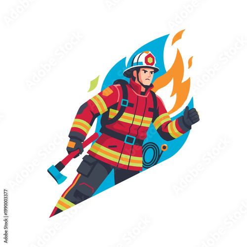 Dynamic vector illustration of a brave firefighter running with an axe, featuring fire and flame elements in a modern, heroic flat style.