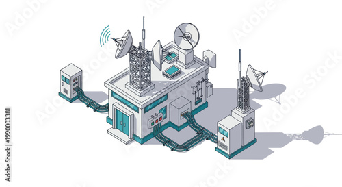 Modern Telecommunication Station with Antennas and Satellite Dishes.