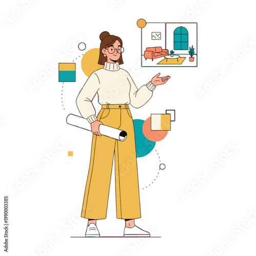 Female interior designer holding a blueprint and presenting a living room concept. A modern vector illustration of professional home styling and architectural planning.