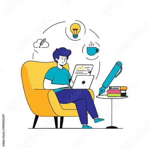 A male copywriter or blogger working on a laptop in a cozy armchair, surrounded by creative icons like a lightbulb, coffee, and a fountain pen. Modern vector illustration of freelance writing.