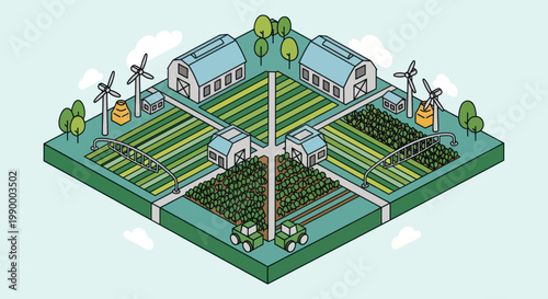 Sustainable smart farm with renewable energy and advanced technology.
