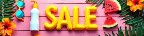 Bright yellow inflatable sale letters on pink wood. Summer flat lay with sunscreen and watermelon. Tropical promotion banner