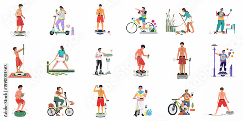 Collection of flat illustrations showing people using modern transportation, gadgets, and engaging in outdoor sports and leisure activities on a white background.
