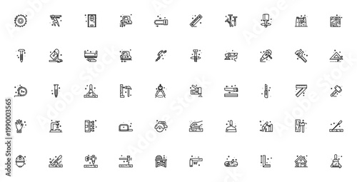 Carpentry icon set. Vector tools collection. Includes saw, hammer, drill, chisel, ruler, nails, paintbrush, wood and more. Editable stroke.