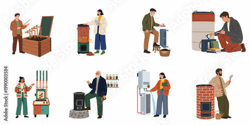 Collection of diverse heating systems and people managing domestic energy, featuring traditional stoves, boilers, thermal storage, and alternative home heating solutions.