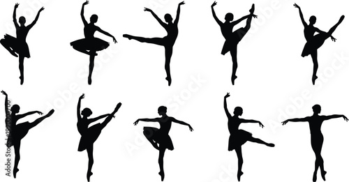 Ballet dancer silhouettes with dynamic poses and elegant movements, classical dance performance collection isolated on white background for artistic design use