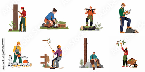 Flat vector illustrations of professional forestry workers engaged in various activities like planting, logging, tree measuring, and maintenance tasks.