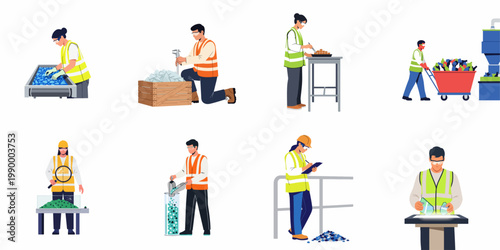 Diverse industrial workers performing various tasks in a glass recycling facility, including sorting, quality control, inspection, and material processing for a sustainable circular economy.