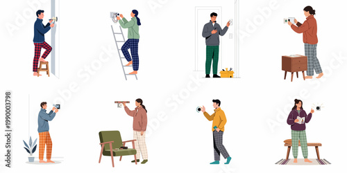 Set of diverse people installing and controlling various smart home devices like thermostats and doorbells, DIY home automation concept illustration.