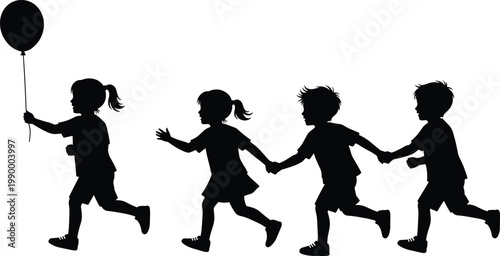 Children silhouettes running together with balloon, playful kids holding hands in motion isolated on white background for childhood and friendship concept design