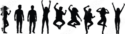 Eight dynamic human silhouettes in motion showing jumping, dancing, and standing poses, expressive figures for fitness, sport, celebration, and activity concepts