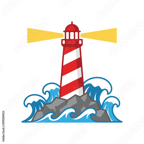 A vibrant cartoon lighthouse stands on rocky shores with crashing waves.