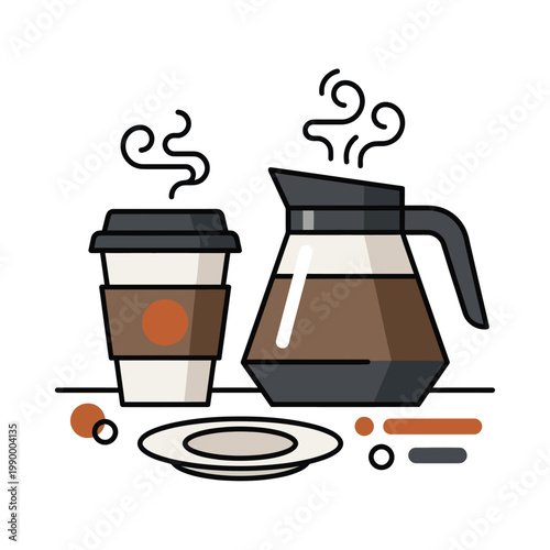 Steaming coffee cup and pot on a table with coffee beans and saucer