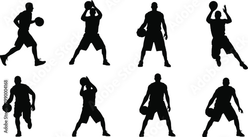Eight dynamic basketball player silhouettes in action poses including dribbling, shooting, passing, and defense for sports design concepts