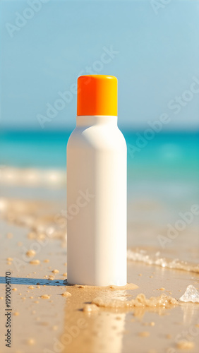 White matte sunscreen bottle with a bright orange cap on wet sand at the beach. Ocean and blue sky background