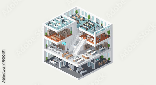 Isometric view of a modern office building interior with multiple floors and rooms.
