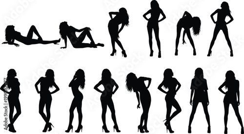 Fashion model female silhouettes collection with stylish poses, black woman vector set isolated on white background for beauty and design
