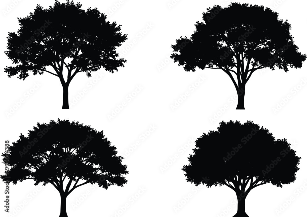 Fototapeta premium Four tree silhouettes with varied canopy shapes and branch structures for nature, landscape, ecology, and design concepts