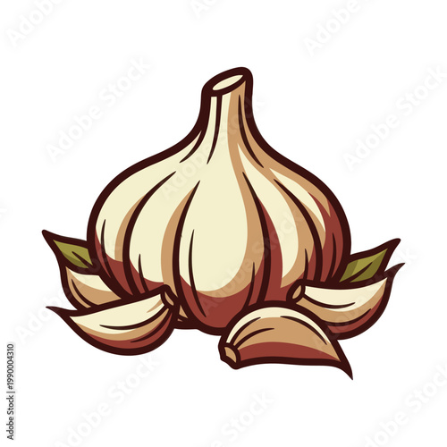 A single bulb of fresh garlic with cloves and green leaves, presented in a simple, clean illustration with a warm, natural tone against a white background.