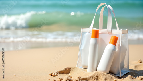 White sunscreen bottles with orange caps in a transparent tote bag on a sandy beach. Summer vacation and sun protection concept with ocean background. Copy space