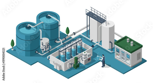 Isometric Water Treatment Plant with Tanks and Filtration System.