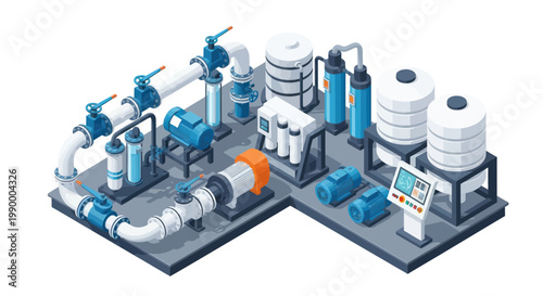 Isometric Water Treatment Plant with Filtration and Pumping System.