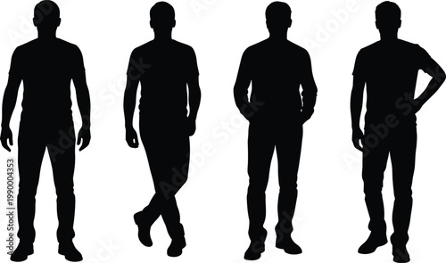 Four human silhouettes in different standing postures, relaxed, casual, and confident stances for body language and design concepts