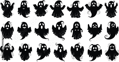 Halloween ghost silhouettes vector set spooky cute and scary spirit characters collection isolated black design for decoration and illustration