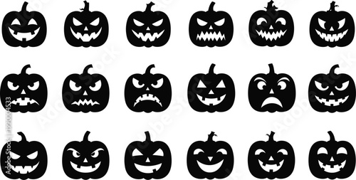 Halloween pumpkin faces silhouette vector set spooky jack o lantern collection with scary expressions isolated black design for decoration