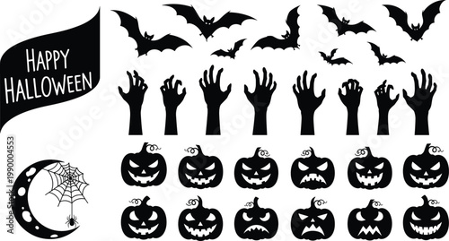 Halloween silhouette vector set with bats pumpkins spooky hands moon spider web and scary elements isolated black design collection