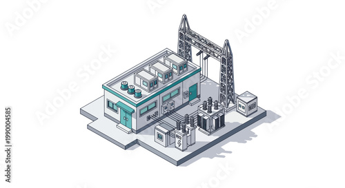 Modern Industrial Power Substation Building with Transformers and Crane.