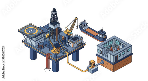 Offshore oil rig and tanker illustration.