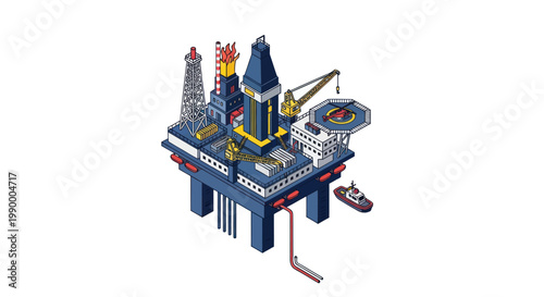 Offshore oil rig platform with helicopter pad and crane.