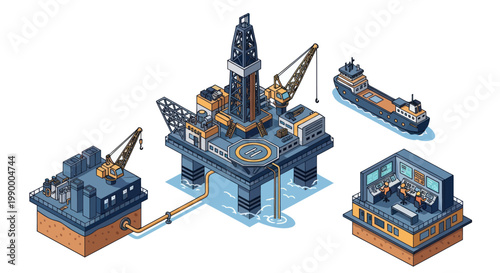 Offshore oil rig platform with support structures and tanker ship.