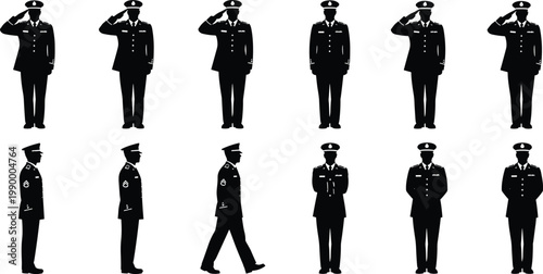 Military soldier silhouettes set showing saluting, standing and walking army personnel in uniform isolated on white background for defense and service design